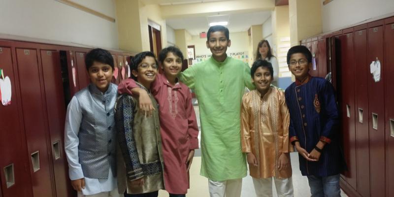 7th grade students dressed in clothing traditionally worn during Diwali celebrations.